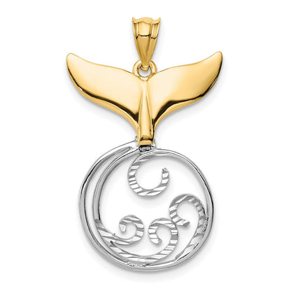 14k Two-tone Gold D/C Polished Whale Tail & Wave Pendant