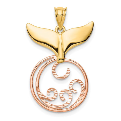 14k Two-tone Gold D/C Polished Whale Tail & Wave Pendant