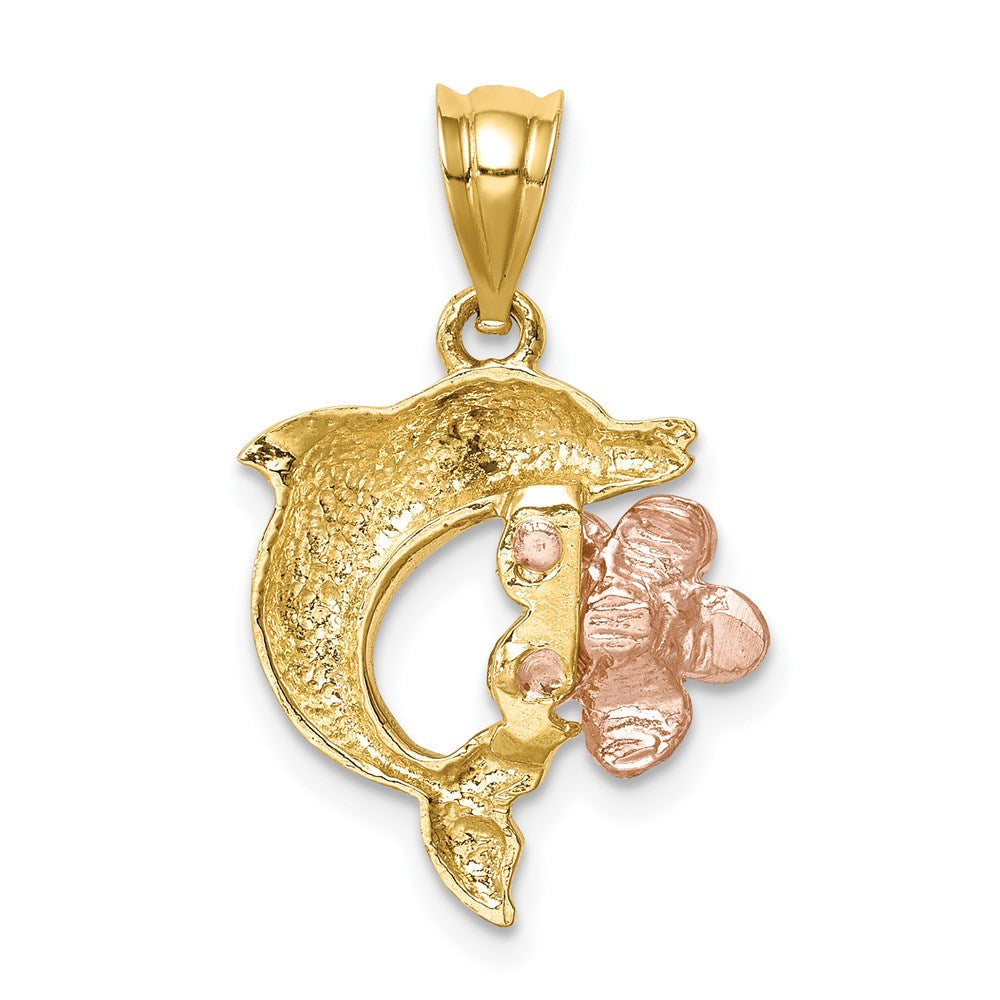 14k Two-tone Gold Brushed/Polished Diamond-cut Plumeria w/Dolphin Pendant
