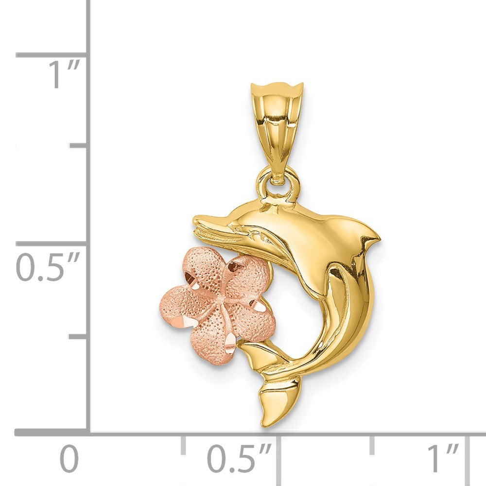 14k Two-tone Gold Brushed/Polished Diamond-cut Plumeria w/Dolphin Pendant