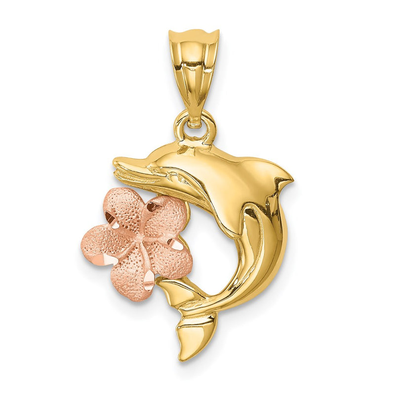 14k Two-tone Gold Brushed/Polished Diamond-cut Plumeria w/Dolphin Pendant