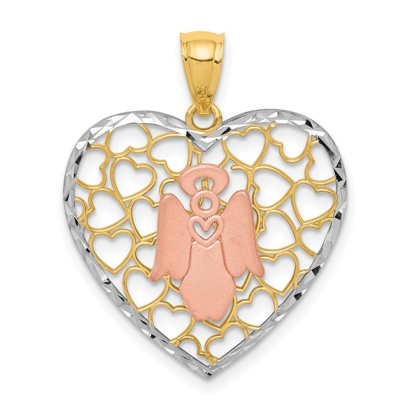 14k Two-tone Gold White Rhodium D/C Brushed & Polished Angel Heart Pendant