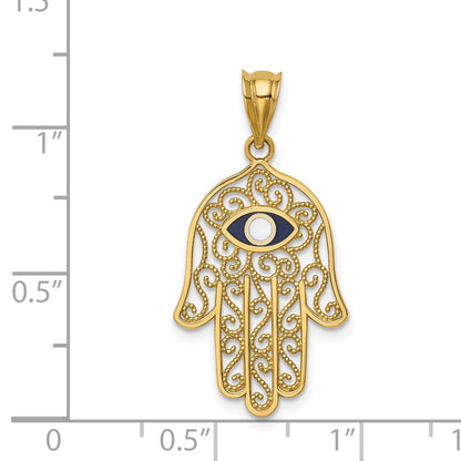 14k Yellow Gold Polished and Enameled Hamsa Pendant
