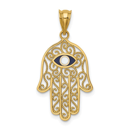 14k Yellow Gold Polished and Enameled Hamsa Pendant