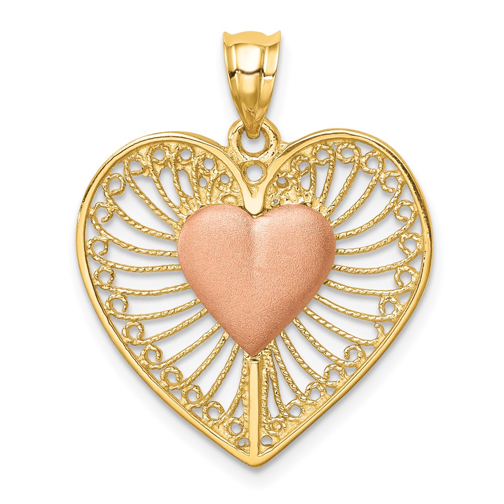 14k Two-tone Gold Brushed & Polished Heart Pendant