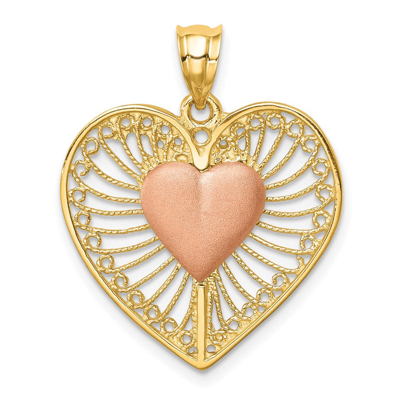 14k Two-tone Gold Brushed & Polished Heart Pendant