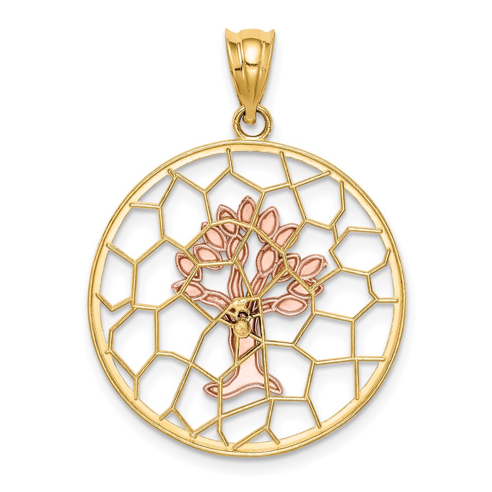 14k Two-tone Gold Brushed & Polished Tree of Life Pendant