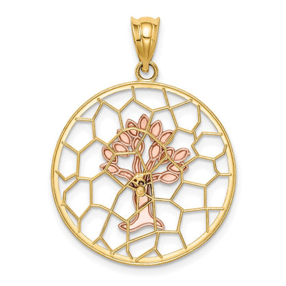 14k Two-tone Gold Brushed & Polished Tree of Life Pendant