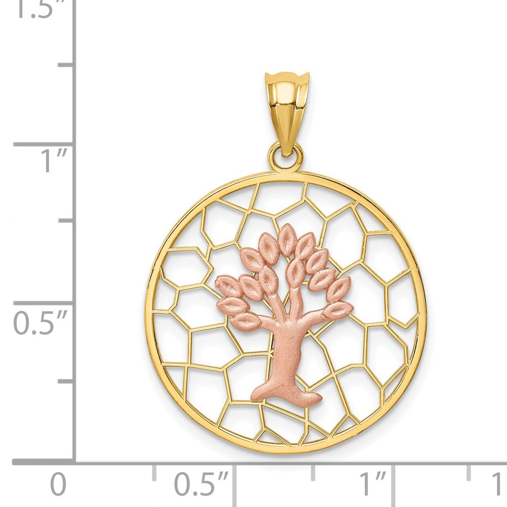 14k Two-tone Gold Brushed & Polished Tree of Life Pendant