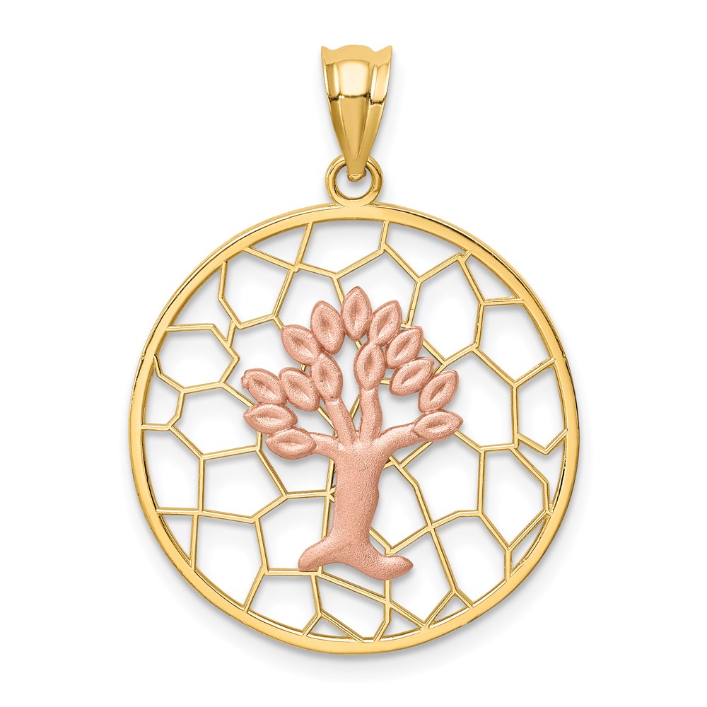 14k Two-tone Gold Brushed & Polished Tree of Life Pendant