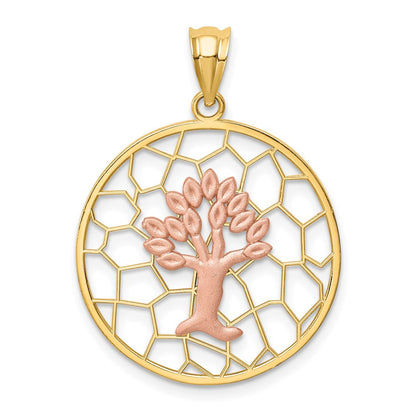 14k Two-tone Gold Brushed & Polished Tree of Life Pendant