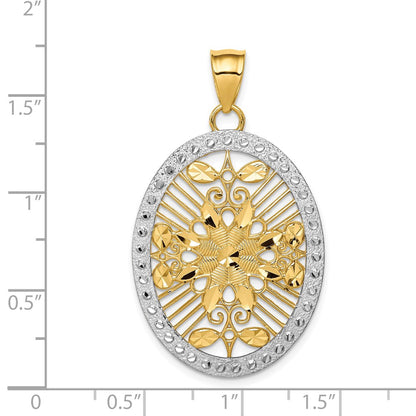 14k Yellow & Rhodium Gold and White Rhodium Polished & Diamond-cut Oval Pendant