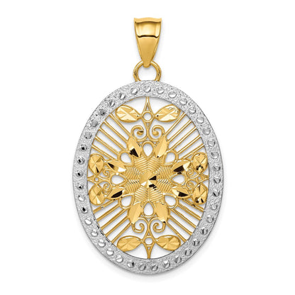 14k Yellow & Rhodium Gold and White Rhodium Polished & Diamond-cut Oval Pendant