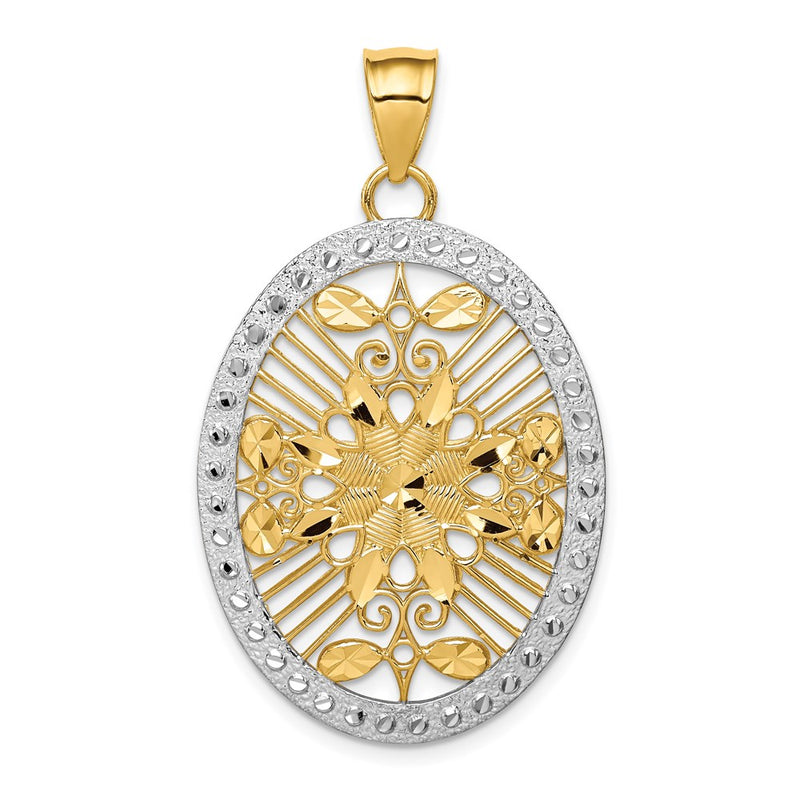 14k Yellow & Rhodium Gold and White Rhodium Polished & Diamond-cut Oval Pendant
