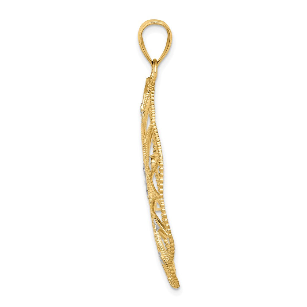 14k Yellow & Rhodium Gold and White Rhodium Polished & Diamond-cut Circle Pendant
