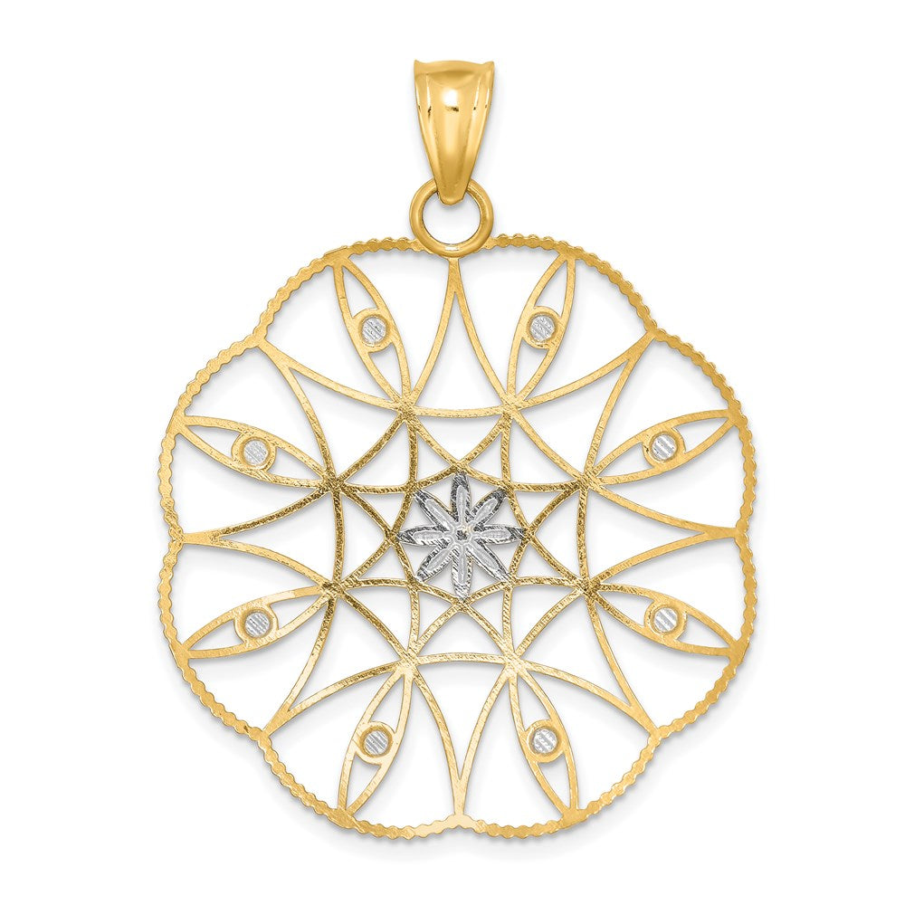 14k Yellow & Rhodium Gold and White Rhodium Polished & Diamond-cut Circle Pendant