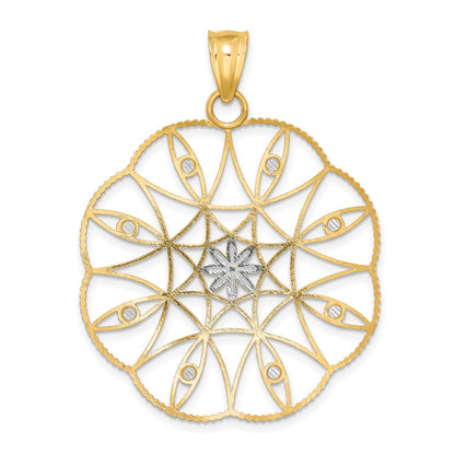 14k Yellow & Rhodium Gold and White Rhodium Polished & Diamond-cut Circle Pendant