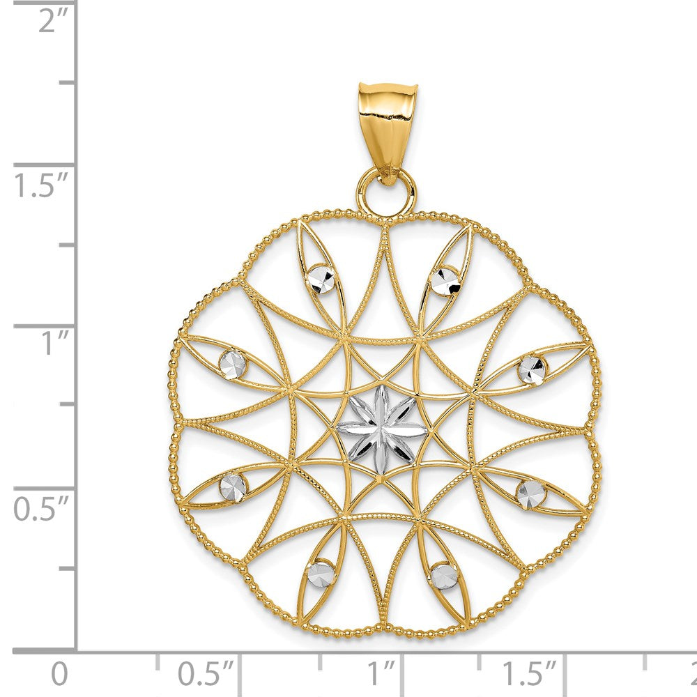 14k Yellow & Rhodium Gold and White Rhodium Polished & Diamond-cut Circle Pendant
