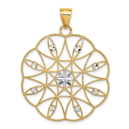 14k Yellow & Rhodium Gold and White Rhodium Polished & Diamond-cut Circle Pendant