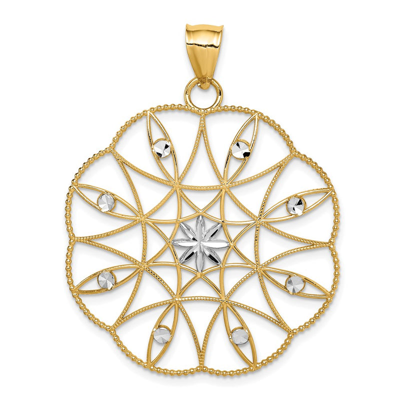 14k Yellow & Rhodium Gold and White Rhodium Polished & Diamond-cut Circle Pendant