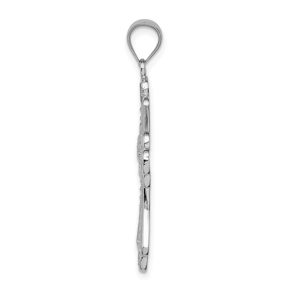 14k White Gold White Polished Diamond-cut Textured Cross Pendant