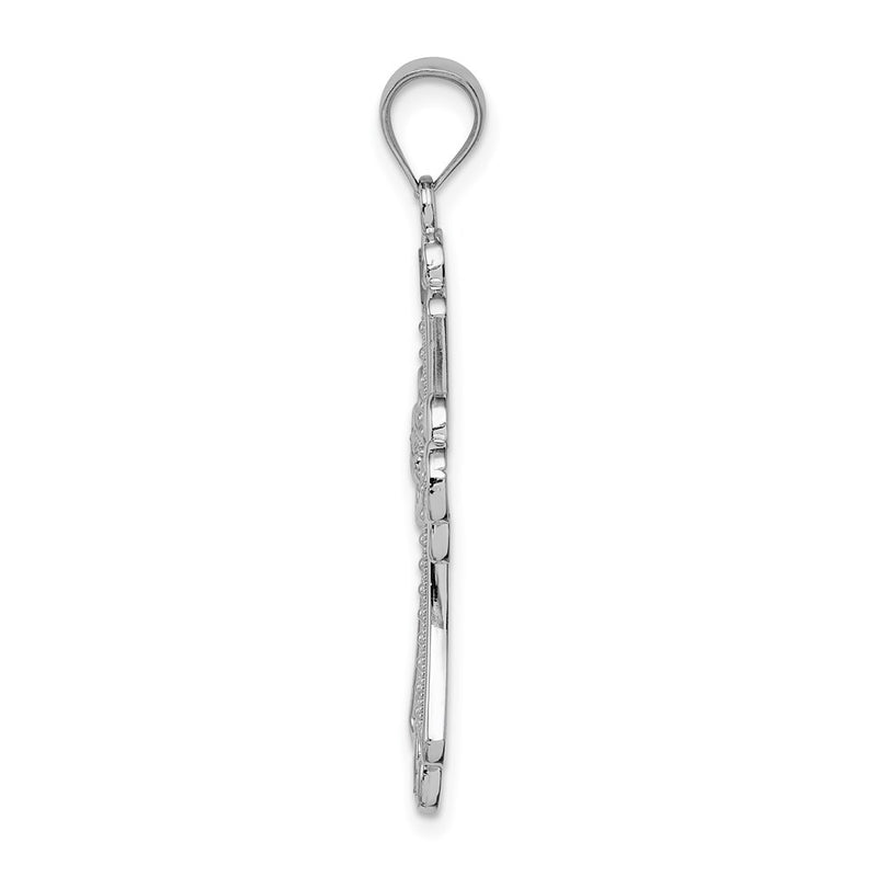 14k White Gold White Polished Diamond-cut Textured Cross Pendant