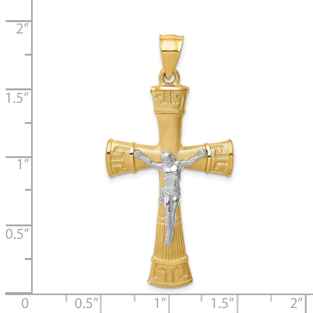 14k Two-tone Gold Brushed & Polished Greek Key Crucifix Pendant