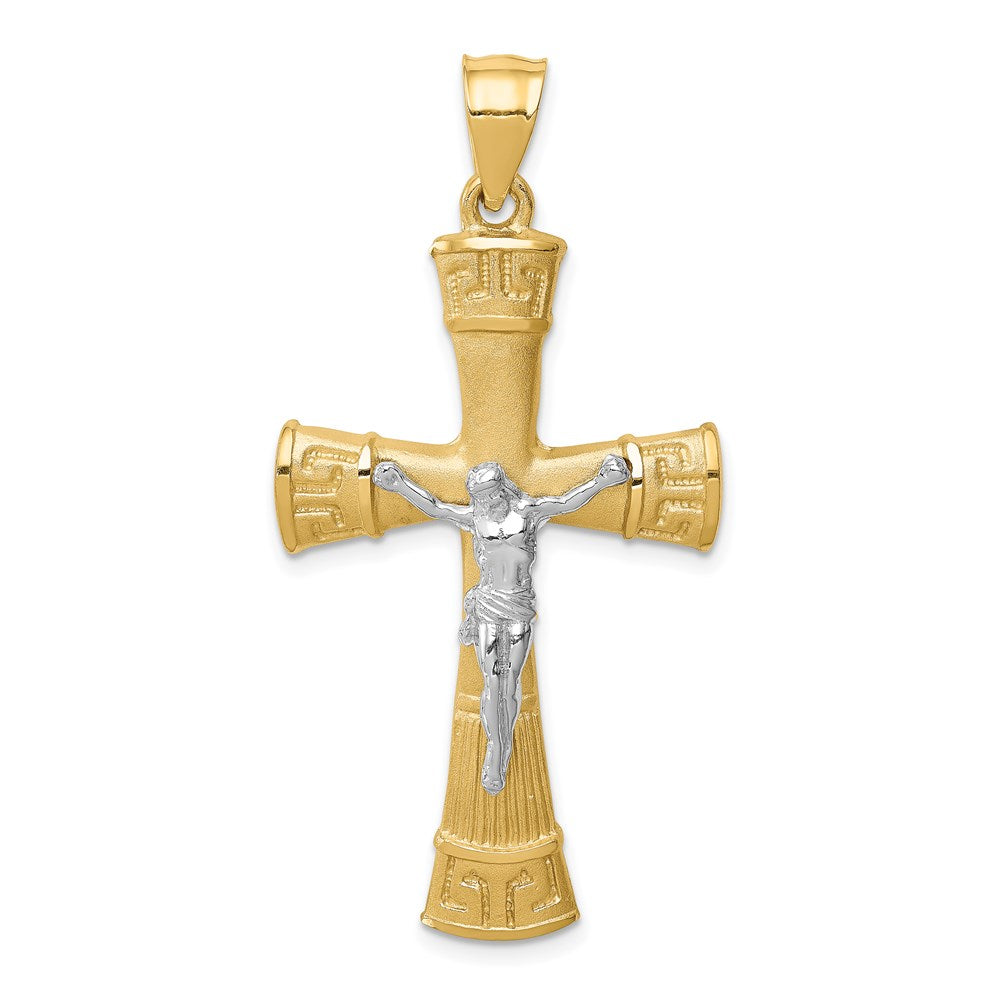 14k Two-tone Gold Brushed & Polished Greek Key Crucifix Pendant