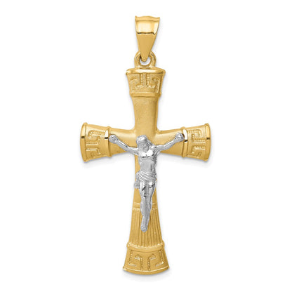 14k Two-tone Gold Brushed & Polished Greek Key Crucifix Pendant