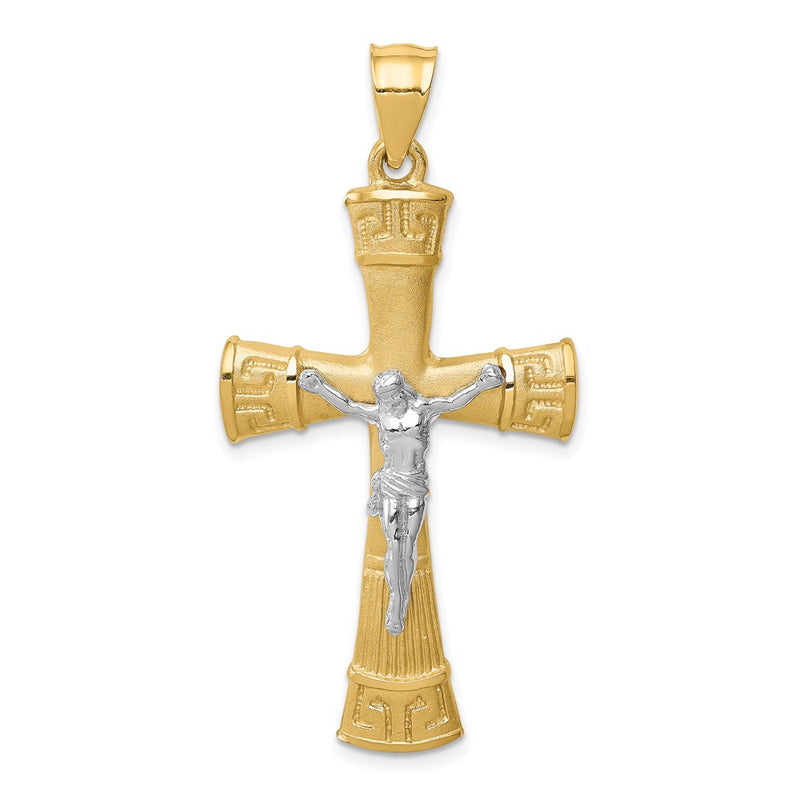 14k Two-tone Gold Brushed & Polished Greek Key Crucifix Pendant