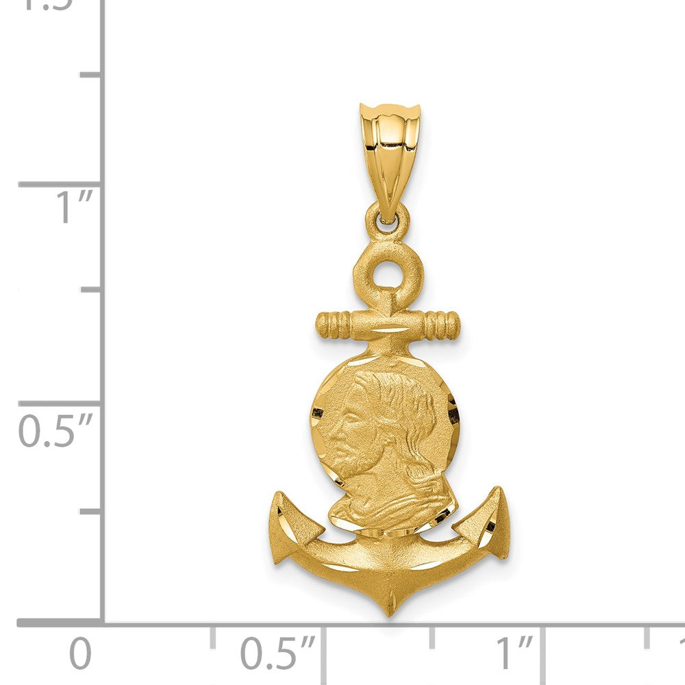 14k Yellow Gold Brushed & Diamond-cut Jesus Head Anchor Pendant