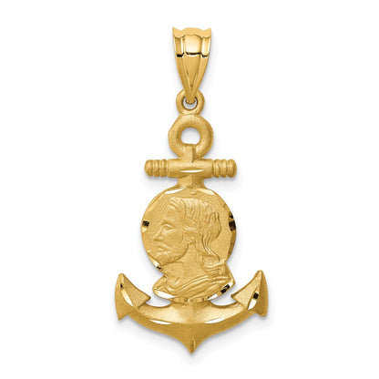 14k Yellow Gold Brushed & Diamond-cut Jesus Head Anchor Pendant