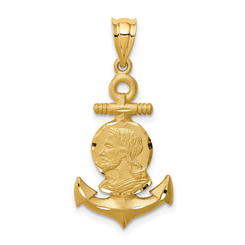 14k Yellow Gold Brushed & Diamond-cut Jesus Head Anchor Pendant