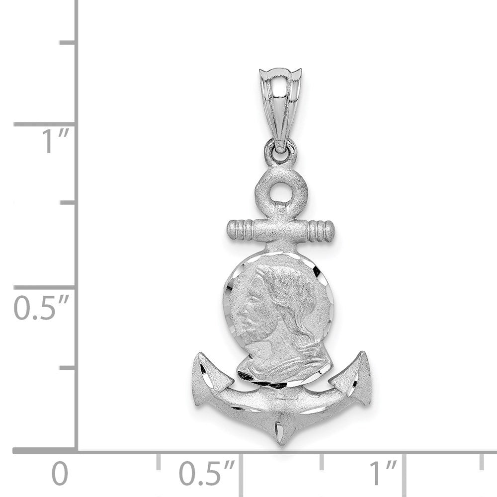 14k White Gold White Brushed & Diamond-cut Jesus Head Anchor Pendant