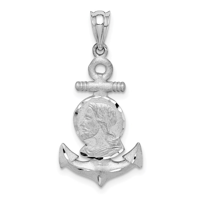 14k White Gold White Brushed & Diamond-cut Jesus Head Anchor Pendant