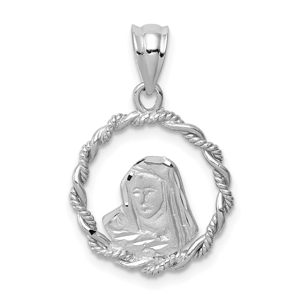 14k White Gold White Brushed & Polished Diamond-cut Virgin Mary Pendant