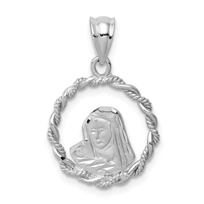 14k White Gold White Brushed & Polished Diamond-cut Virgin Mary Pendant
