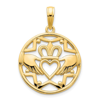 14k Yellow Gold Claddagh Circle Pendant