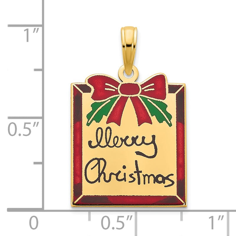 14k Yellow Gold Polished Epoxy Merry Christmas Present Pendant