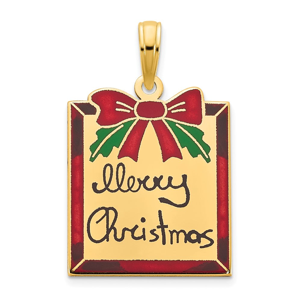 14k Yellow Gold Polished Epoxy Merry Christmas Present Pendant