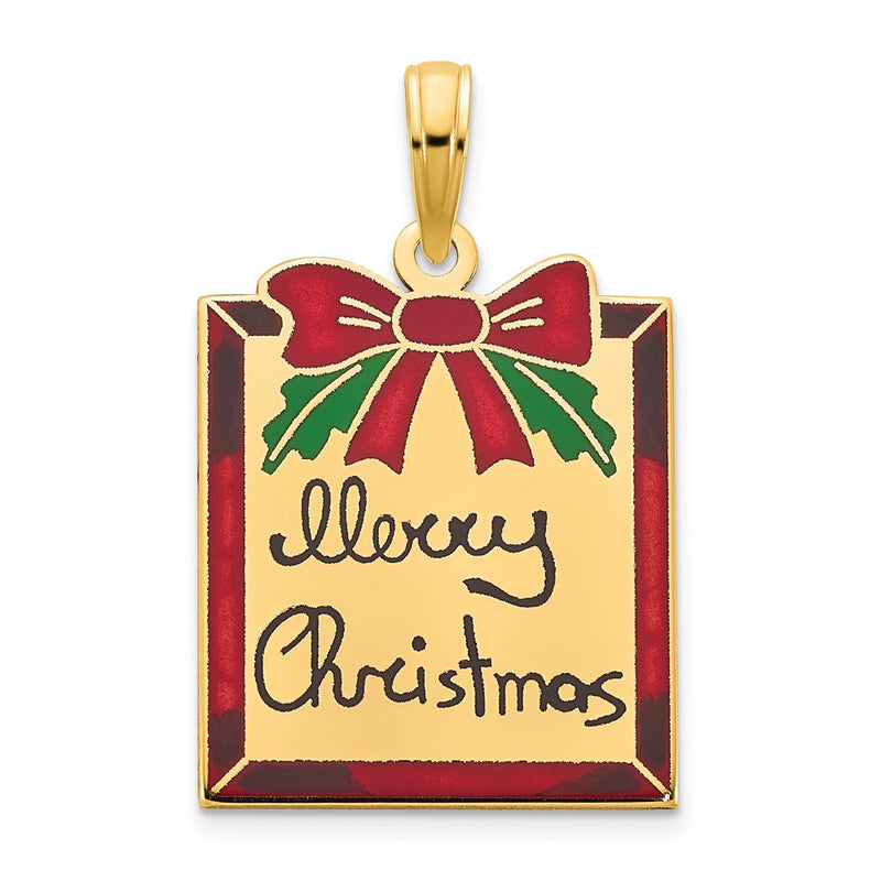 14k Yellow Gold Polished Epoxy Merry Christmas Present Pendant