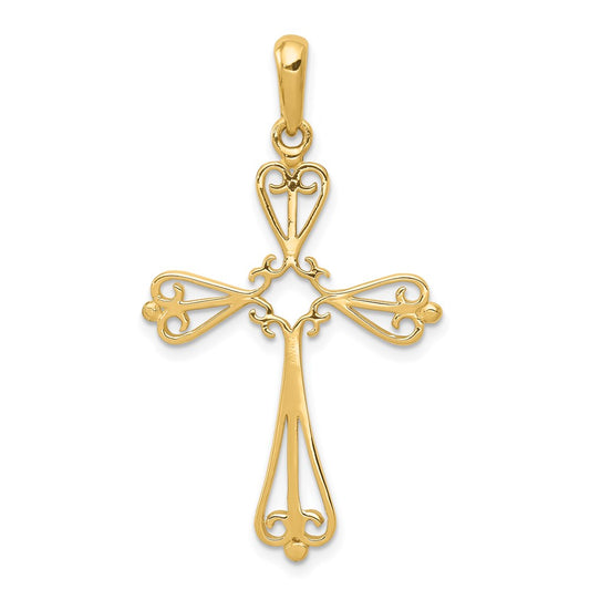 14k Yellow Gold Fleur De Lis Polished Cross Pendant