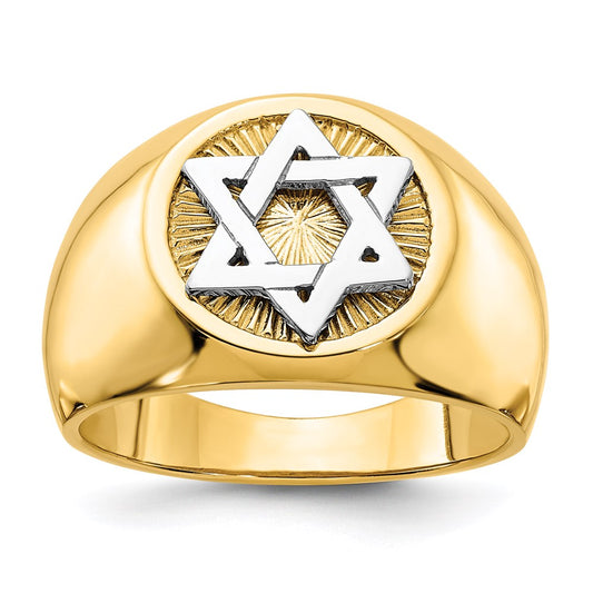 14k Two-Tone Gold Circular Top Star of David Mens Ring
