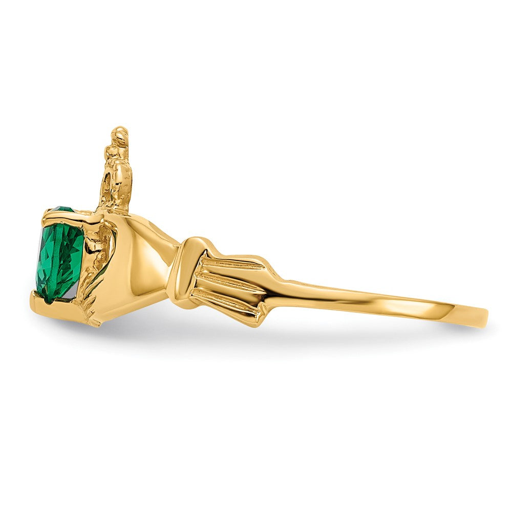 14K Yellow Gold Green CZ Polished Claddagh Ring