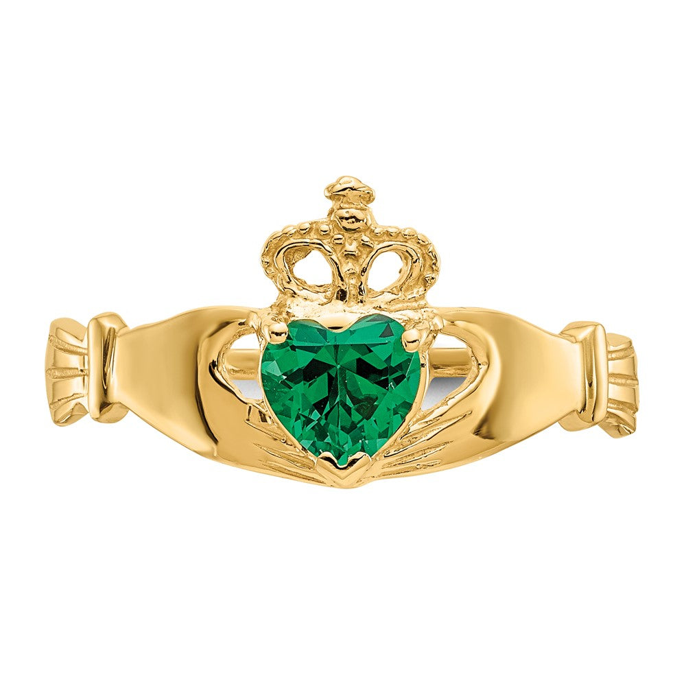 14K Yellow Gold Green CZ Polished Claddagh Ring