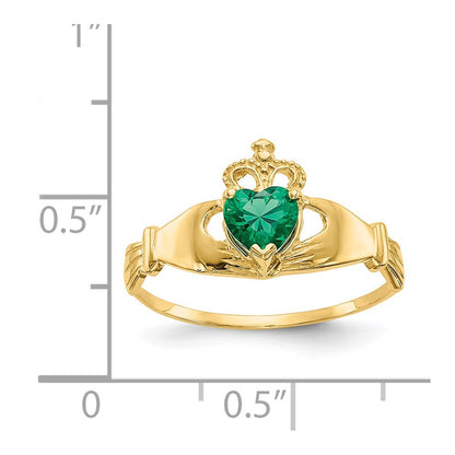 14K Yellow Gold Green CZ Polished Claddagh Ring