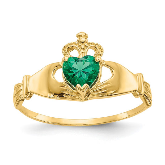 14K Yellow Gold Green CZ Polished Claddagh Ring