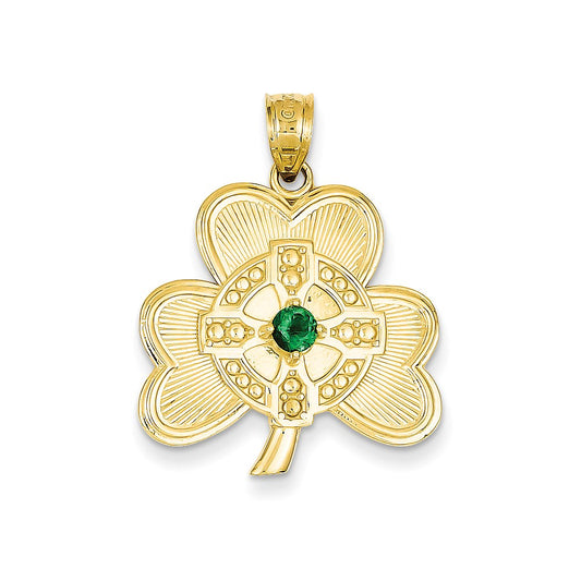 14k Yellow Gold Shamrock with Green CZ Stone Pendant