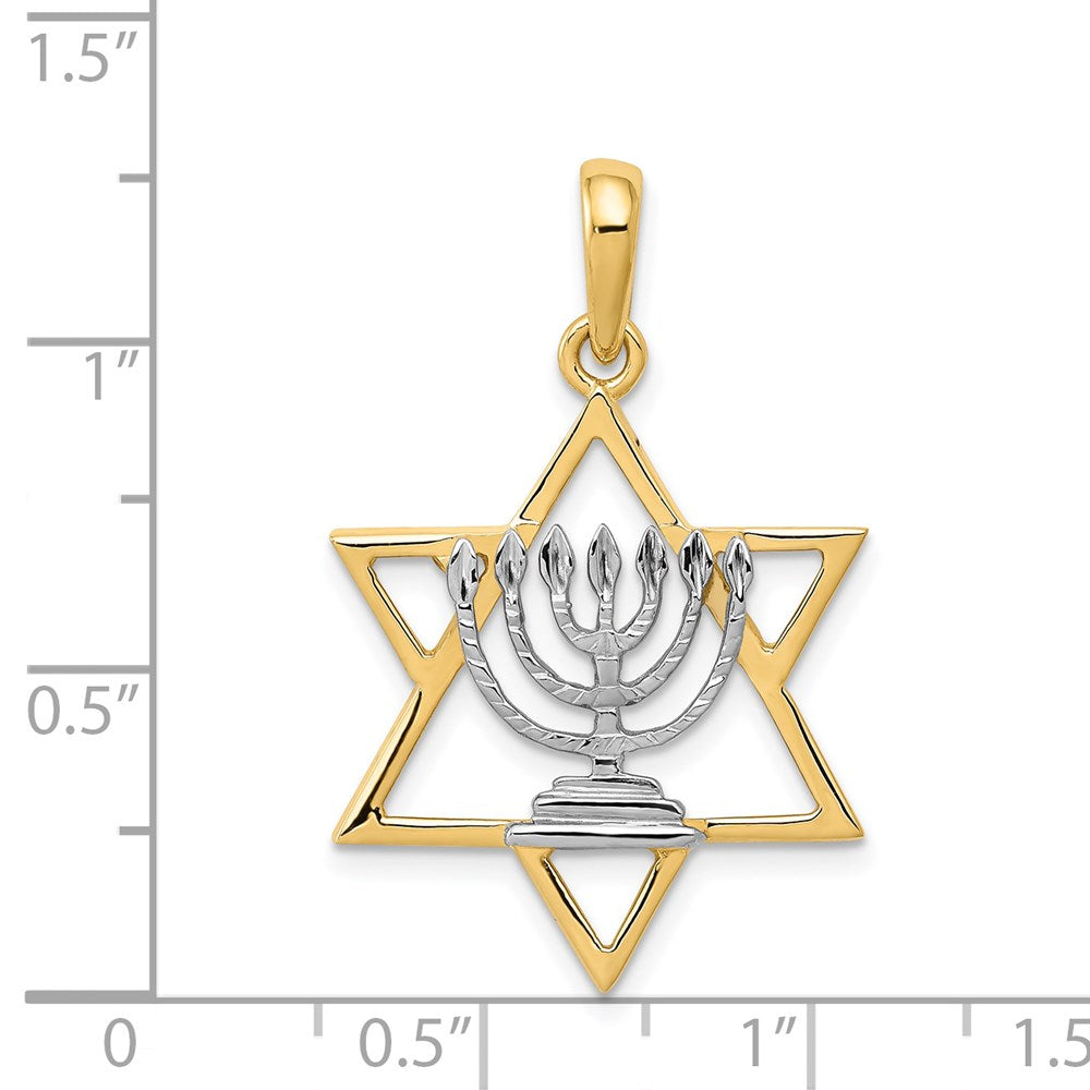 14k Yellow & Rhodium Gold w/ White Rhodium Solid Menorah In Star Of David Charm