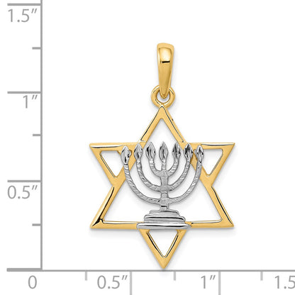 14k Yellow & Rhodium Gold w/ White Rhodium Solid Menorah In Star Of David Charm